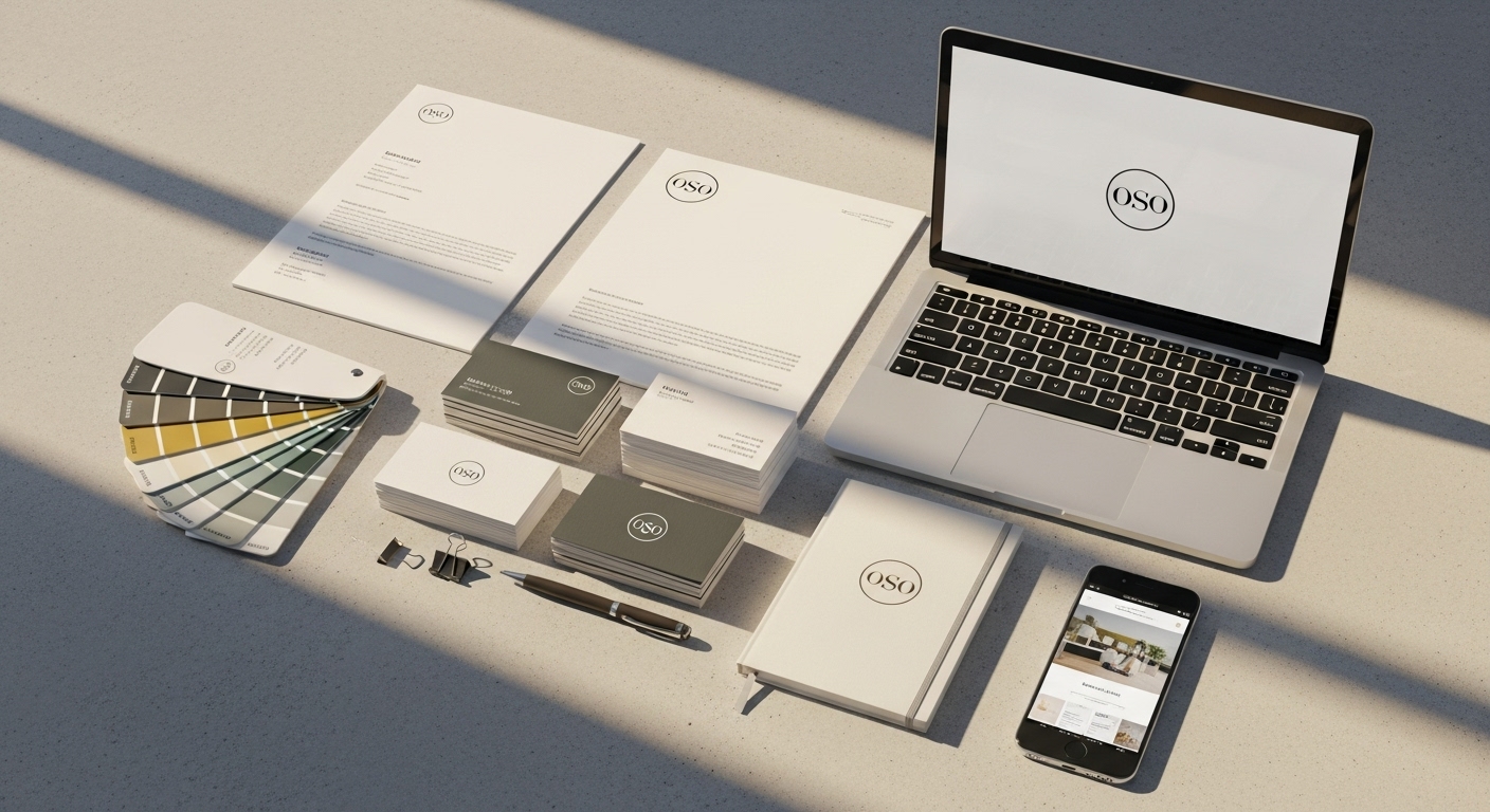 Complete brand identity system with logo, business cards, stationery, and digital applications