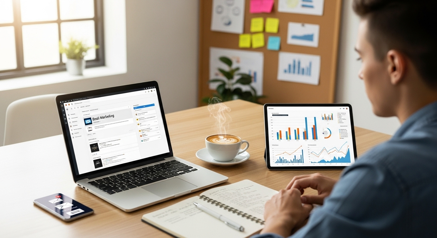 Email marketing specialist working with campaign analytics, showing email platform on laptop and performance charts on tablet