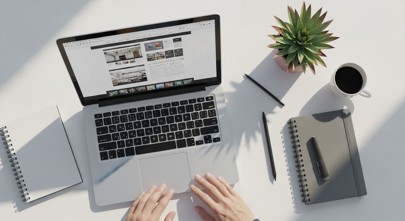 Creative workspace with laptop showing design portfolio, notebooks, coffee, and plant on clean white desk