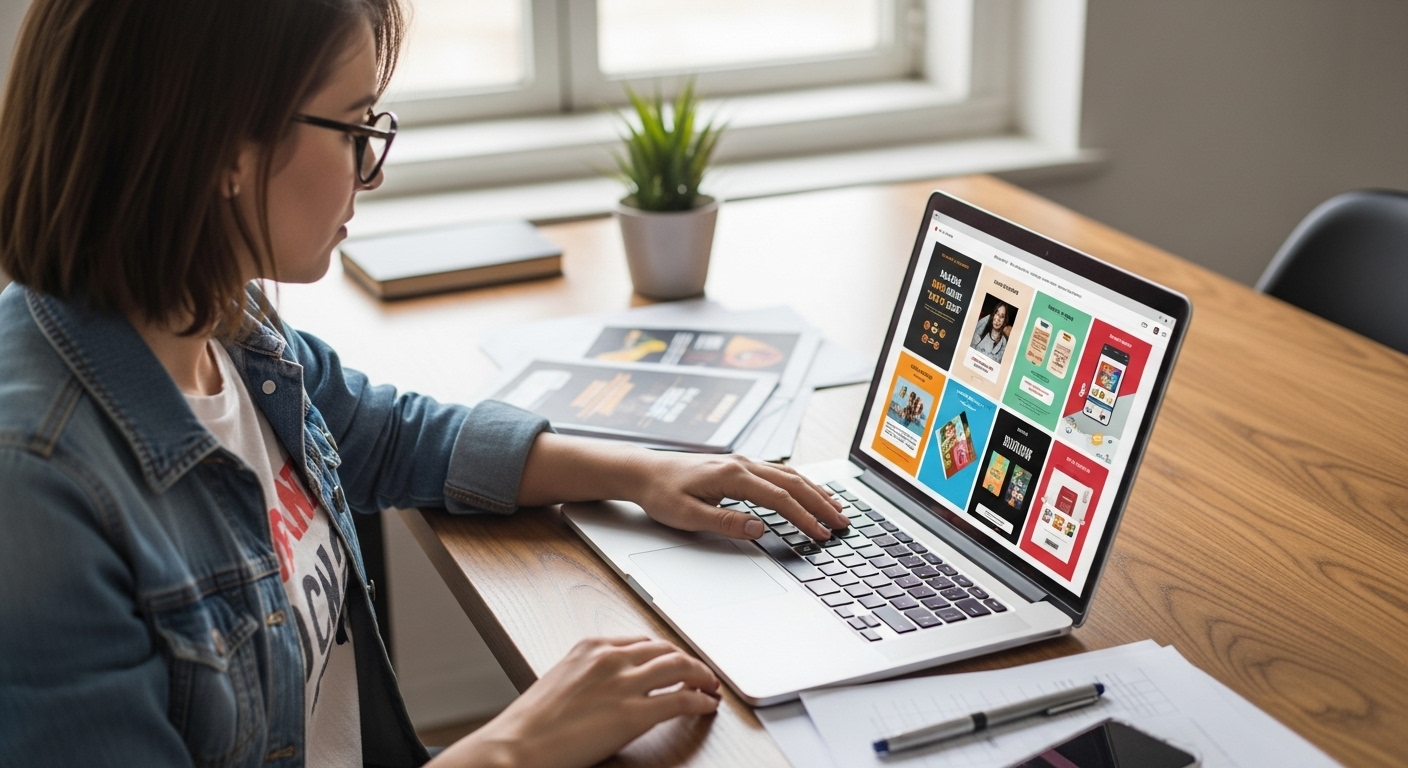 Social media designer creating colorful Instagram post templates and graphics on laptop, showing vibrant social media content designs