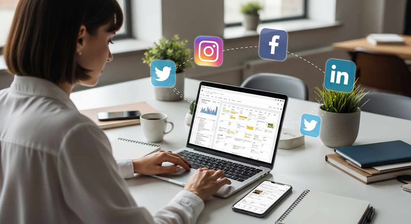 Professional social media manager working on analytics dashboard with multiple platform icons floating around laptop