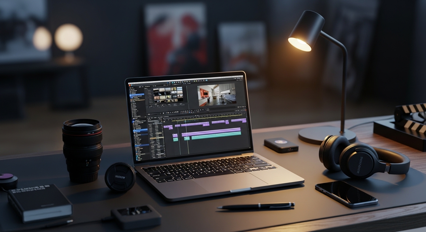 Professional video editing workspace with timeline software, camera equipment, and editing tools on desk