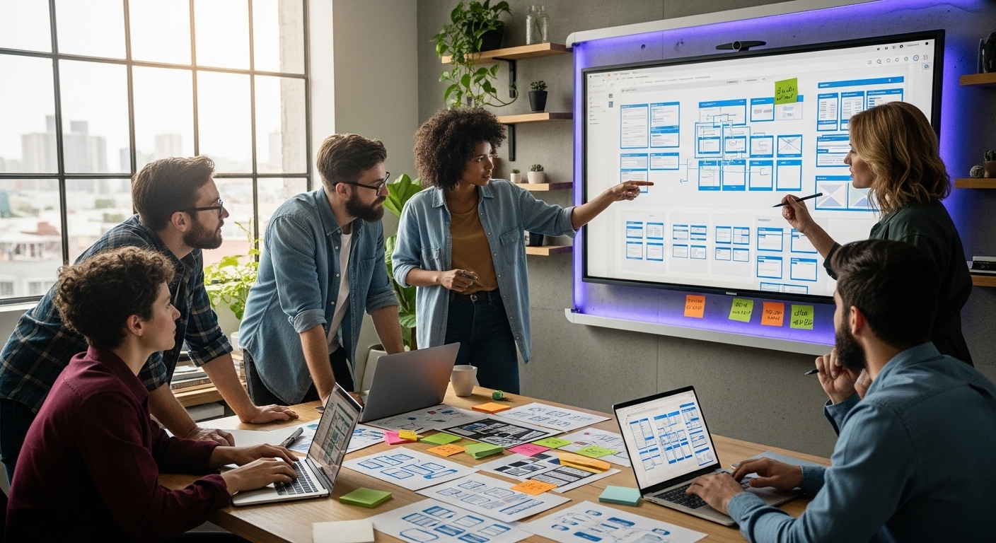Web design team collaborating on wireframes and user interface layouts in modern office with large display showing website blueprints
